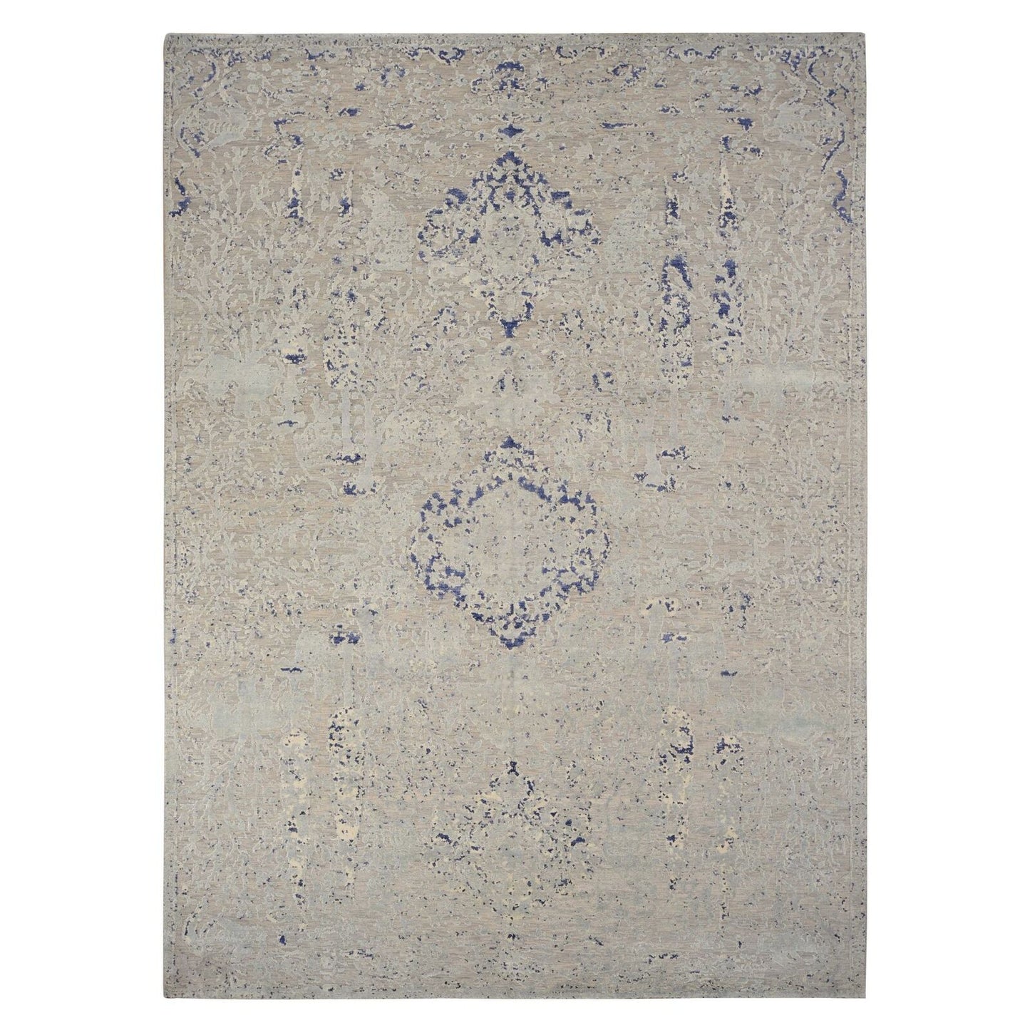 8'8"X12'1" Blue Broken Medallion Design Silk With Wool Hand Knotted Rug