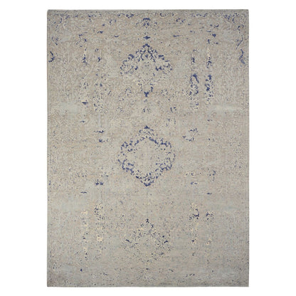 8'8"X12'1" Blue Broken Medallion Design Silk With Wool Hand Knotted Rug