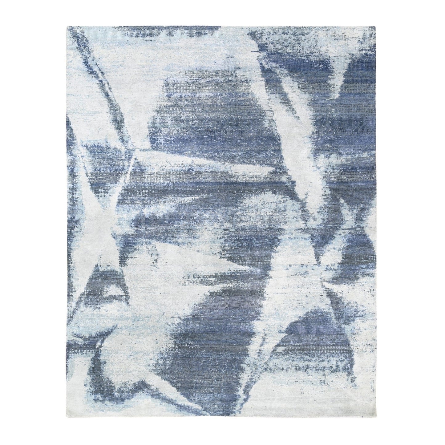 7'10"X10' Hand Knotted Black With A Mix Of Blue Modern Wool And Silk Rug