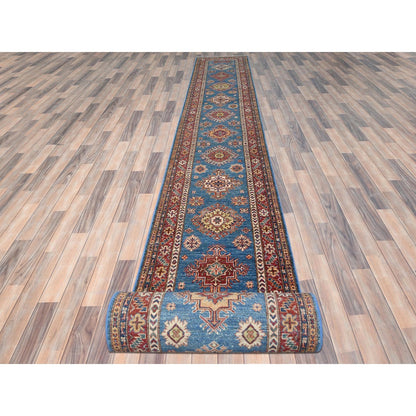 2'8"X34' Denim Blue Wool Hand Knotted Afghan Super Kazak Xl Runner Rug