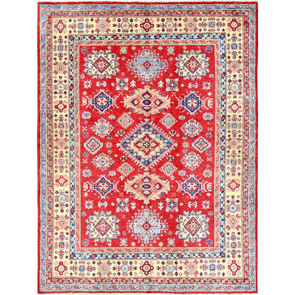 5'X6'4" Scarlet Red Kazak With Geometric Design Hand Knotted Pure Wool Rug