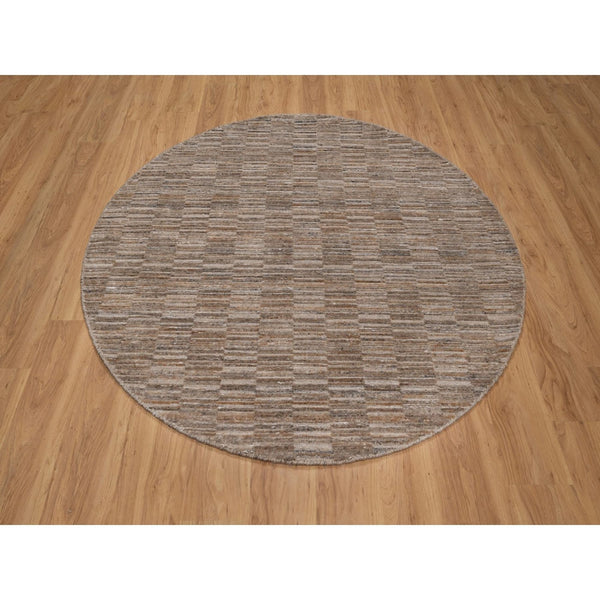 6'x6' Brown Hand Loomed Modern Grid Pattern Pure Wool Round Oriental Rug
