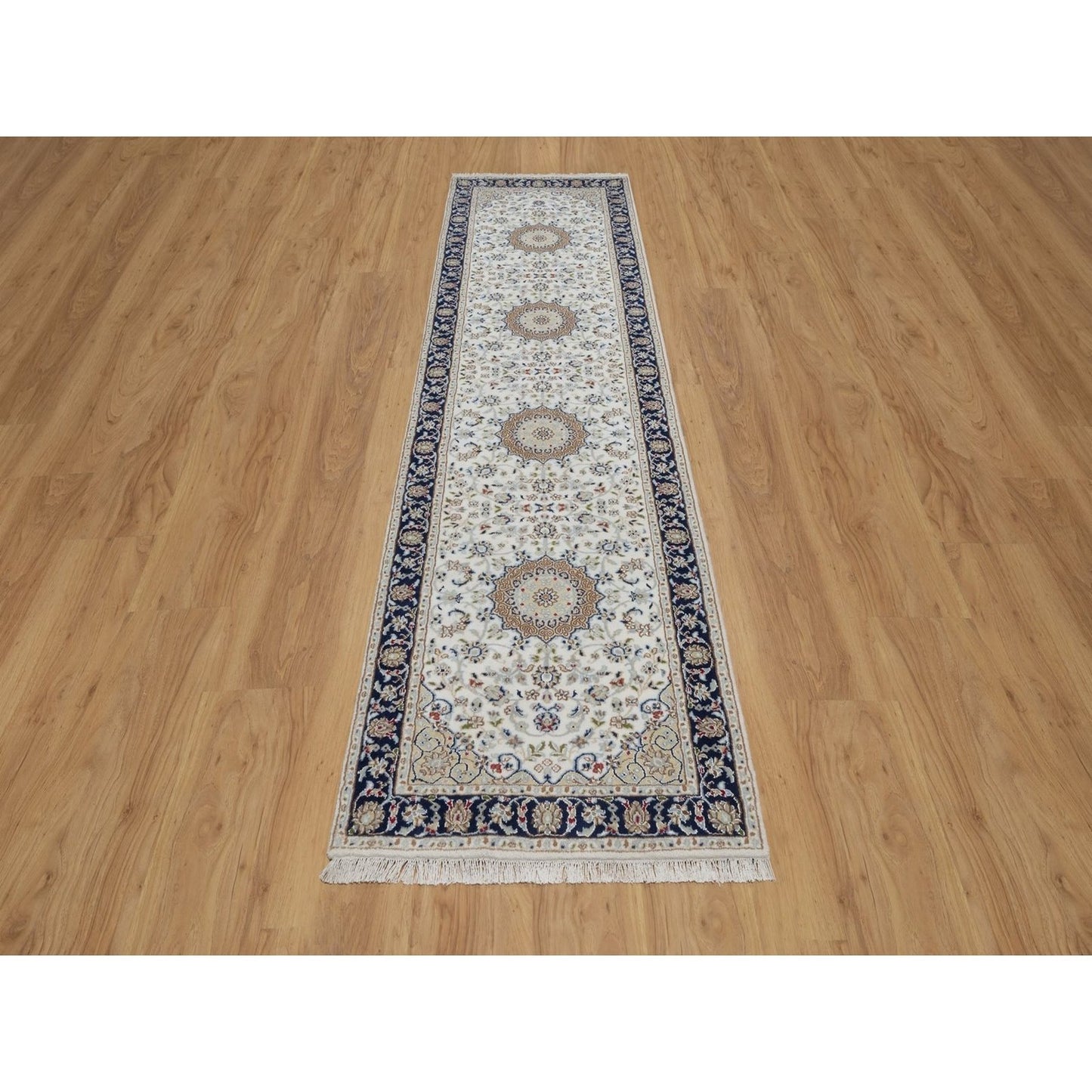 2'8"X10'3" Ivory Nain Medallion Motif Wool & Silk Hand Knotted Runner Rug
