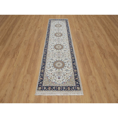 2'8"X10'3" Ivory Nain Medallion Motif Wool & Silk Hand Knotted Runner Rug