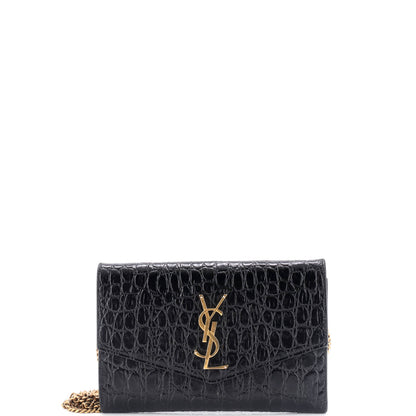 Saint Laurent Uptown Chain Wallet Crocodile Embossed Leather