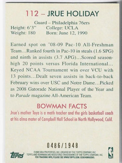 Jrue Holiday 2009 Bowman Card 486/1948