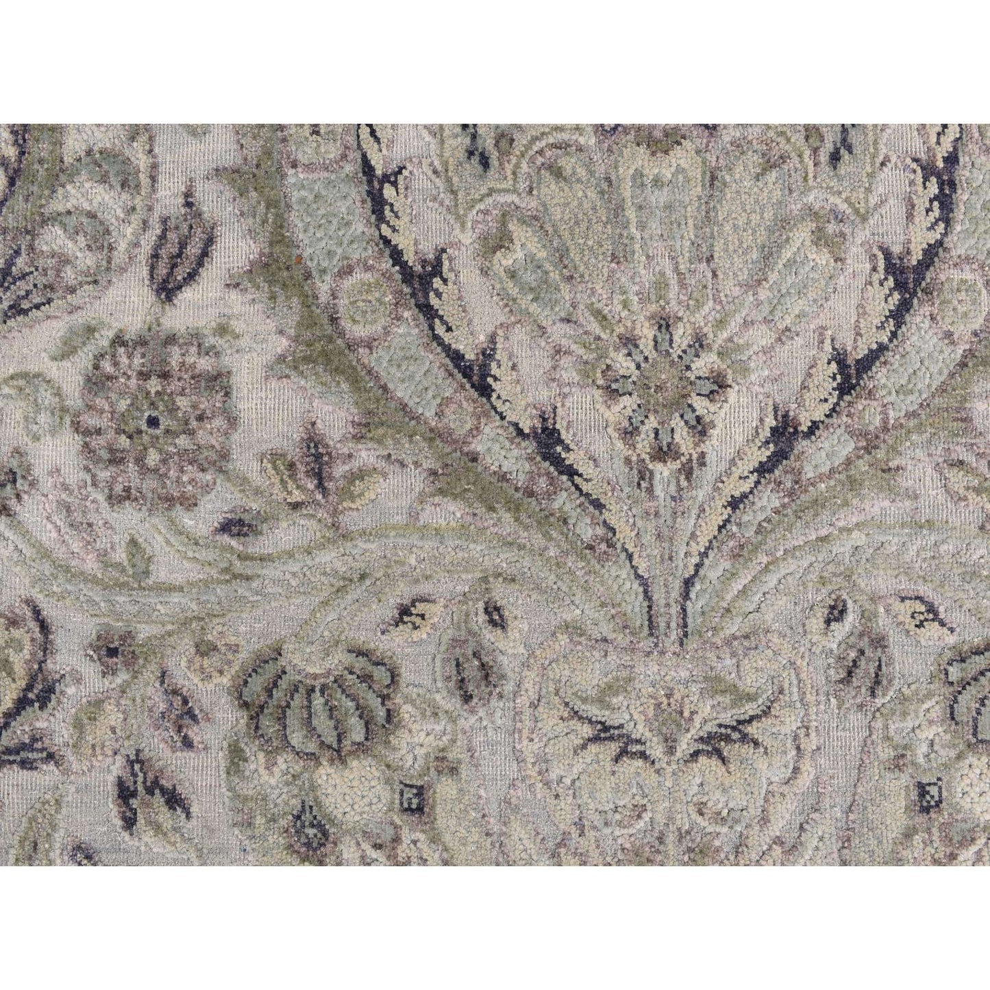 3'x11'10" Mist Gray Flower Design Silk with Wool Hand Knotted Runner Rug