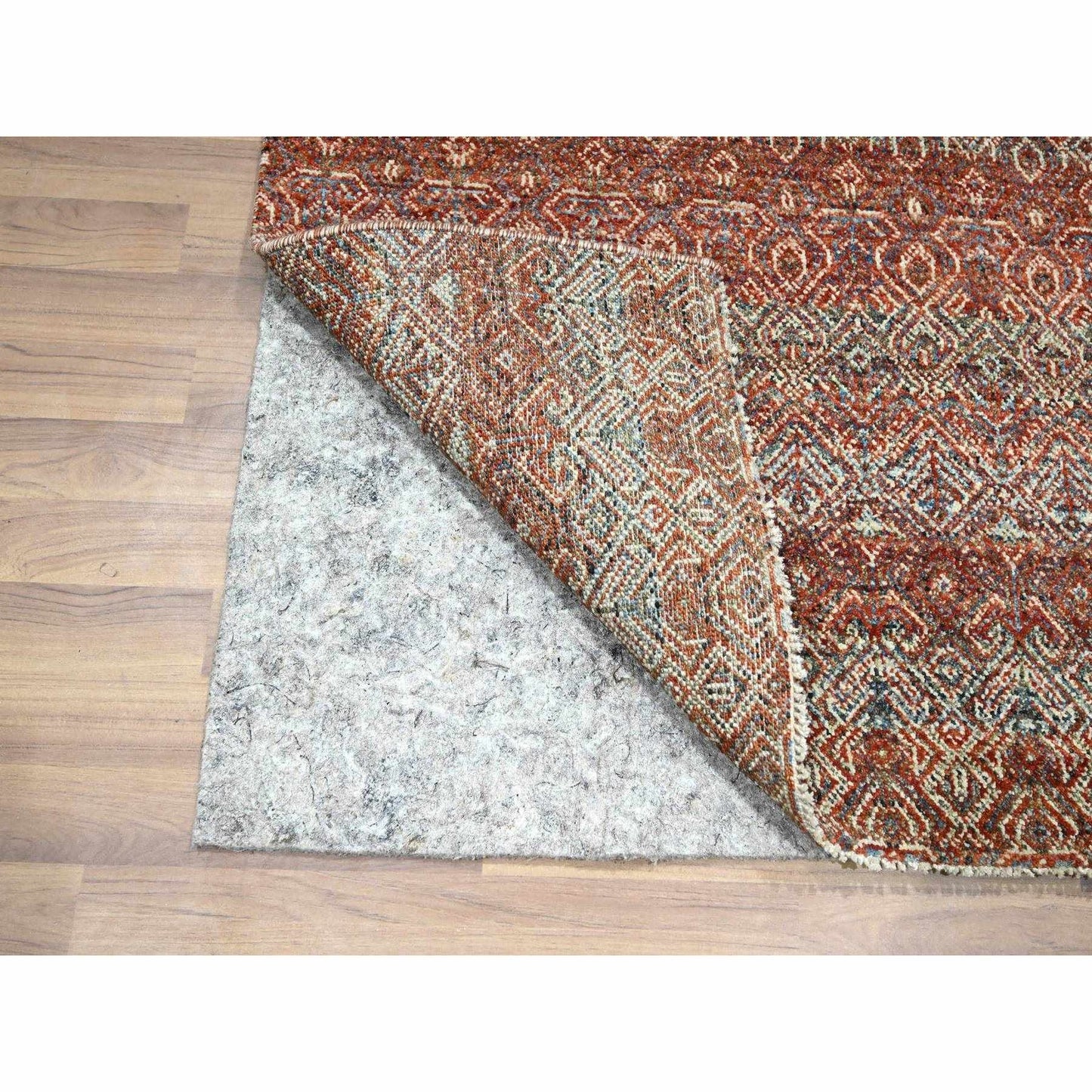 2'7"X10'2" Red Small Geometric Pattern Soft Wool Hand Knotted Runner Rug