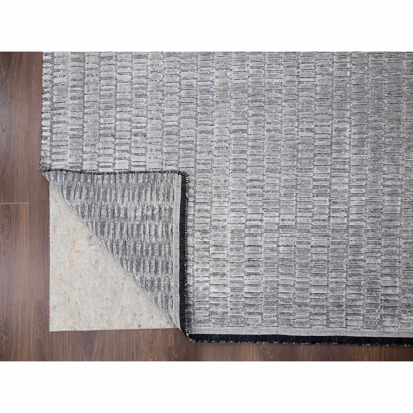 10'X14'4" Gray And Black Hand Loomed Modern Design Wool And Silk Rug
