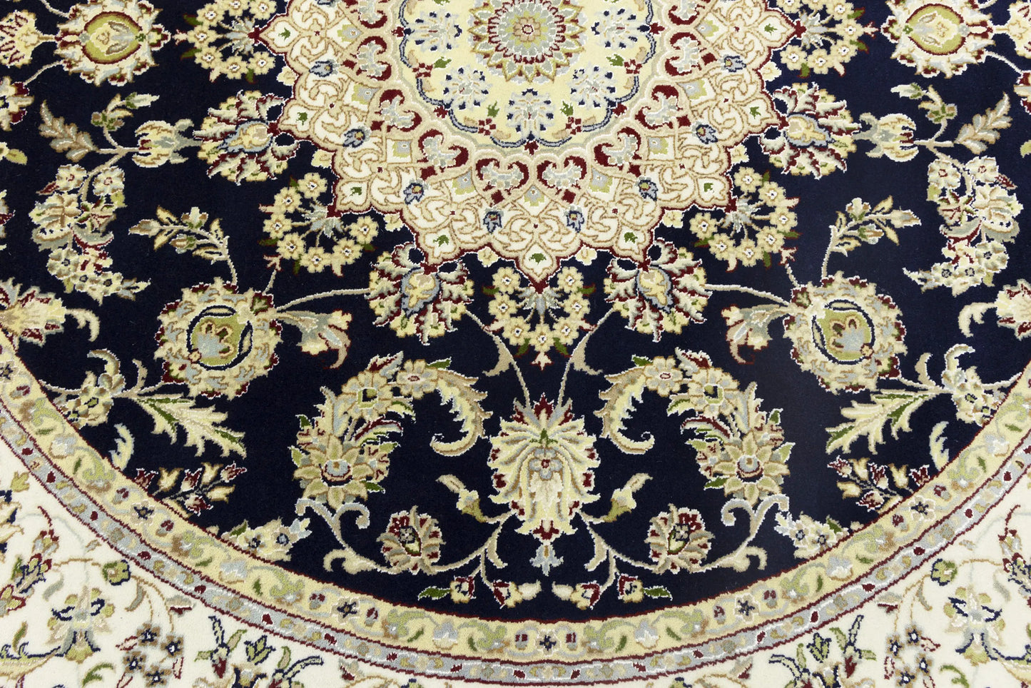 7X7 ft Round Indo-Nain Oriental Rug Handmade Dark Navy Floral Classic Carpet
