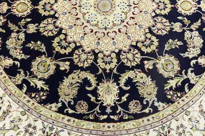 7X7 ft Round Indo-Nain Oriental Rug Handmade Dark Navy Floral Classic Carpet