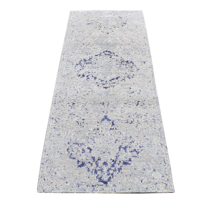 2'5"X6'1" Gray Cypress Trees Design Silk/Wool Hand Knotted Runner Rug