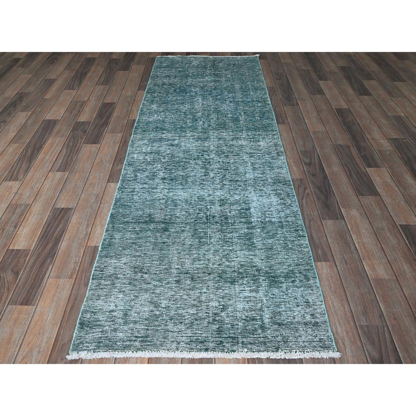 2'7"X7'9" Green Overdyed Vintage Zoroastrian Hand Knotted Wool Runner Rug