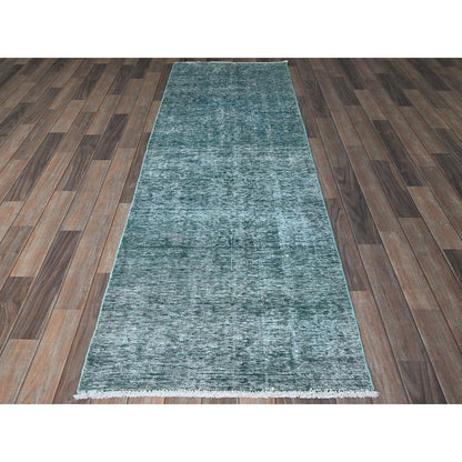 2'7"X7'9" Green Overdyed Vintage Zoroastrian Hand Knotted Wool Runner Rug
