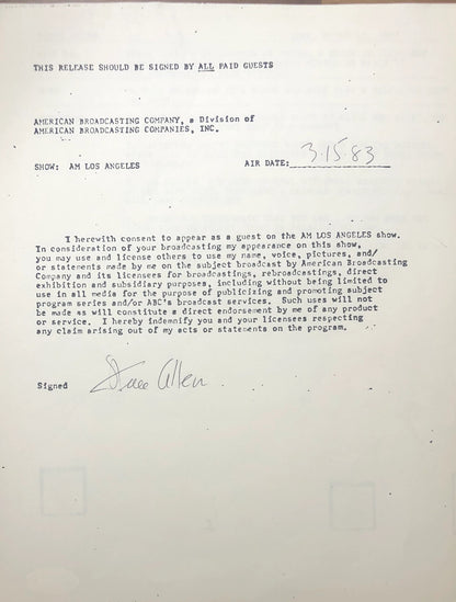 Steve Allen Autographed Contract (Jsa)