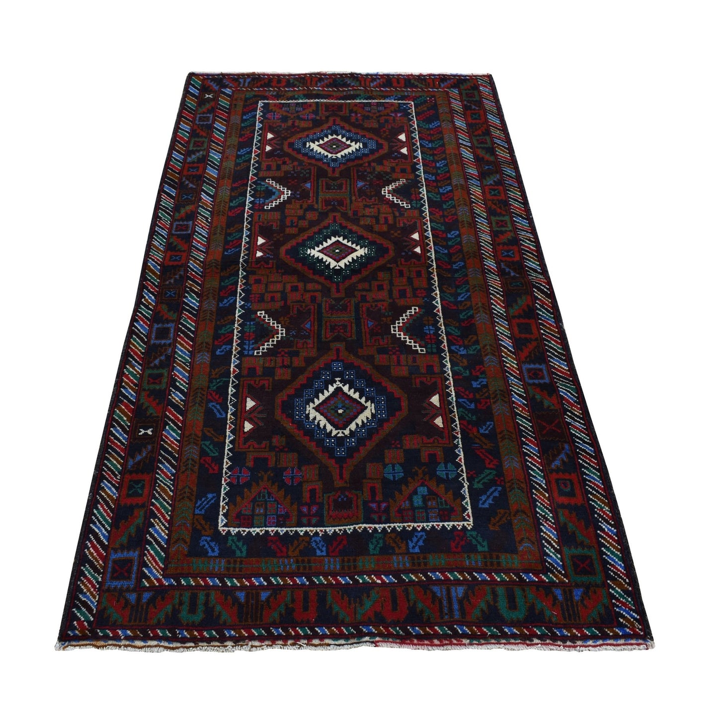 3'7"X6'6" Brown Afghan Baloch Geometric Design Pure Wool Hand Knotted Rug