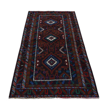 3'7"X6'6" Brown Afghan Baloch Geometric Design Pure Wool Hand Knotted Rug