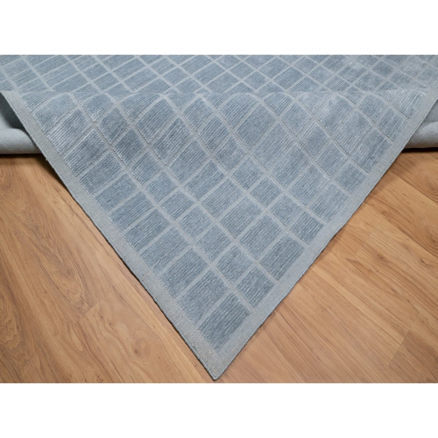 8'2"X9'10" Stone Blue Modern Erased Box Design Hand Loomed Pure Wool Rug