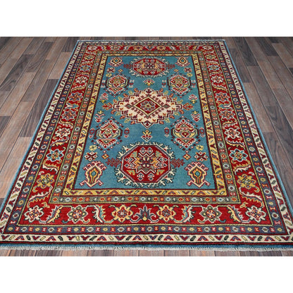 4'1"X5'10" Blue Kazak Geometric Medallions Design Hand Knotted All Wool Rug