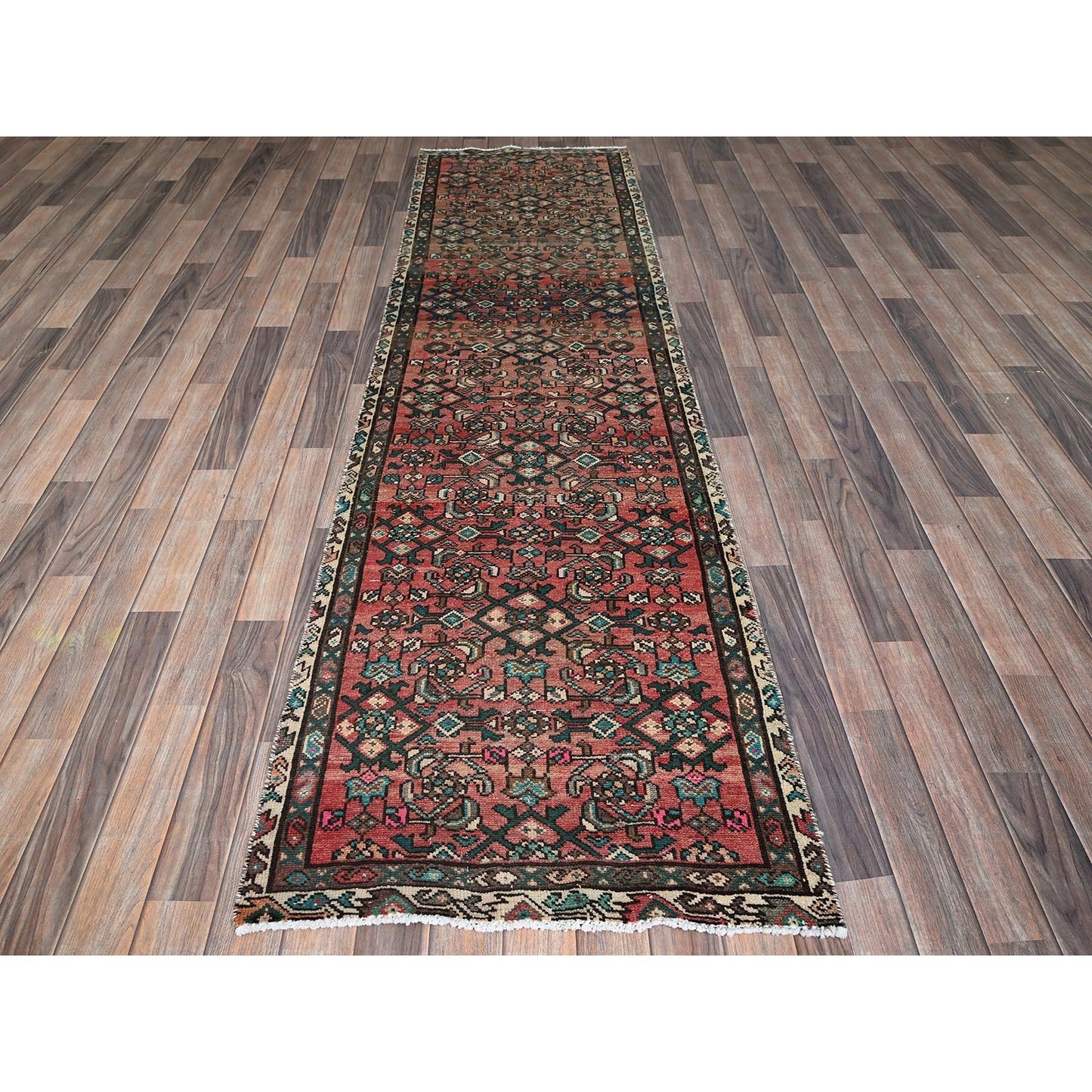 2'7"X9'1" Red Vintage Zoroastrian Khamadan Hand Knotted All Wool Runner Rug