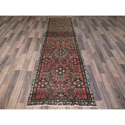 2'7"X9'1" Red Vintage Zoroastrian Khamadan Hand Knotted All Wool Runner Rug