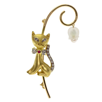Cat motif Pearl Pearl Diamond Brooch K18 Yellow