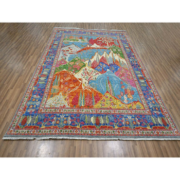 8'X10' Blue Pictorial Mountain, Tree Scenery Design Hand Knotted Wool Rug