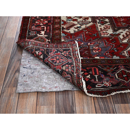 8'X9'2" Red Vintage Zoroastrian Heris Pure Wool Hand Knotted Worn Down Rug