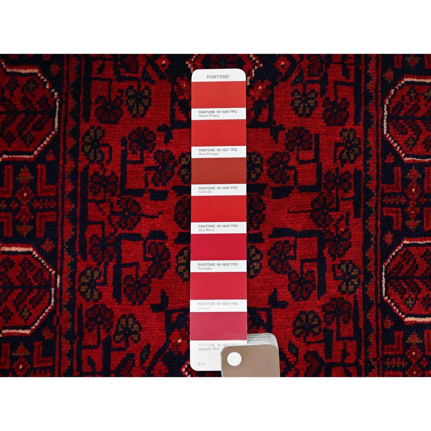 1'8"X4'9" Red Afghan Khamyab Geometric Pattern Hand Knotted Wool Runner Rug