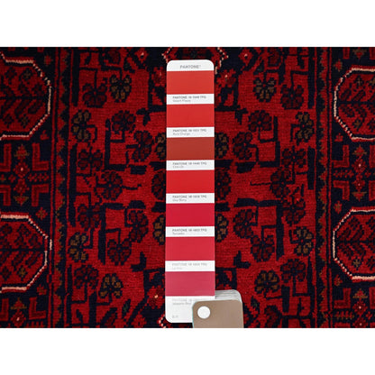1'8"X4'9" Red Afghan Khamyab Geometric Pattern Hand Knotted Wool Runner Rug