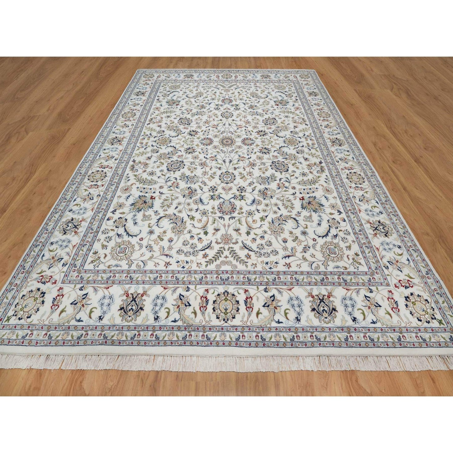 9'X12'1" White Hand Knotted Nain Flower Design Wool And Silk 250 Kpsi Rug