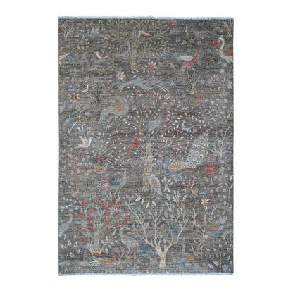6'X8'10" Cedar Brown Hand Knotted Afghan Peshawar Birds Design Wool Rug