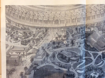 1867 Paris Exposition Wood Engraving Panorama Belgian Quarter & Gardens Ciceri