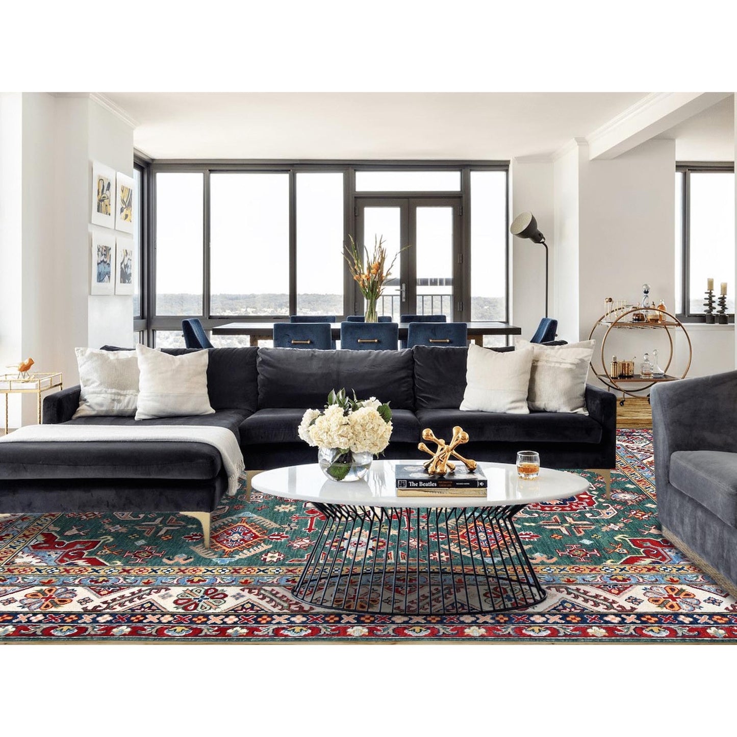 6'1"X9'2" Green Kazak Motifs Hand Knotted Denser Weave Wool Oriental Rug