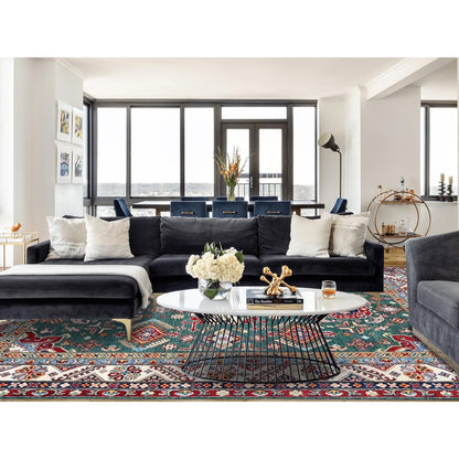 6'1"X9'2" Green Kazak Motifs Hand Knotted Denser Weave Wool Oriental Rug