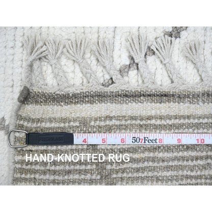 3'2"X15'4" White Moroccan Weave Line Design Hand Knotted Wool Runner Rug