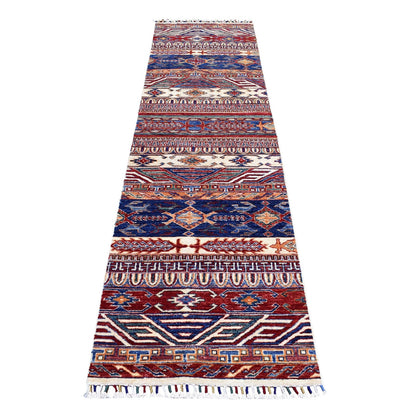 2'4"X9'1" Khorjin Design Super Kazak Tribal Pure Wool Hand Knotted Rug