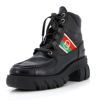 Gucci Women'S Quebec Web Lace Up Combat Boots Leather