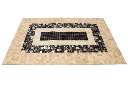 Hand-Stitched Black Beige Cowhide Leather Rug 4X6