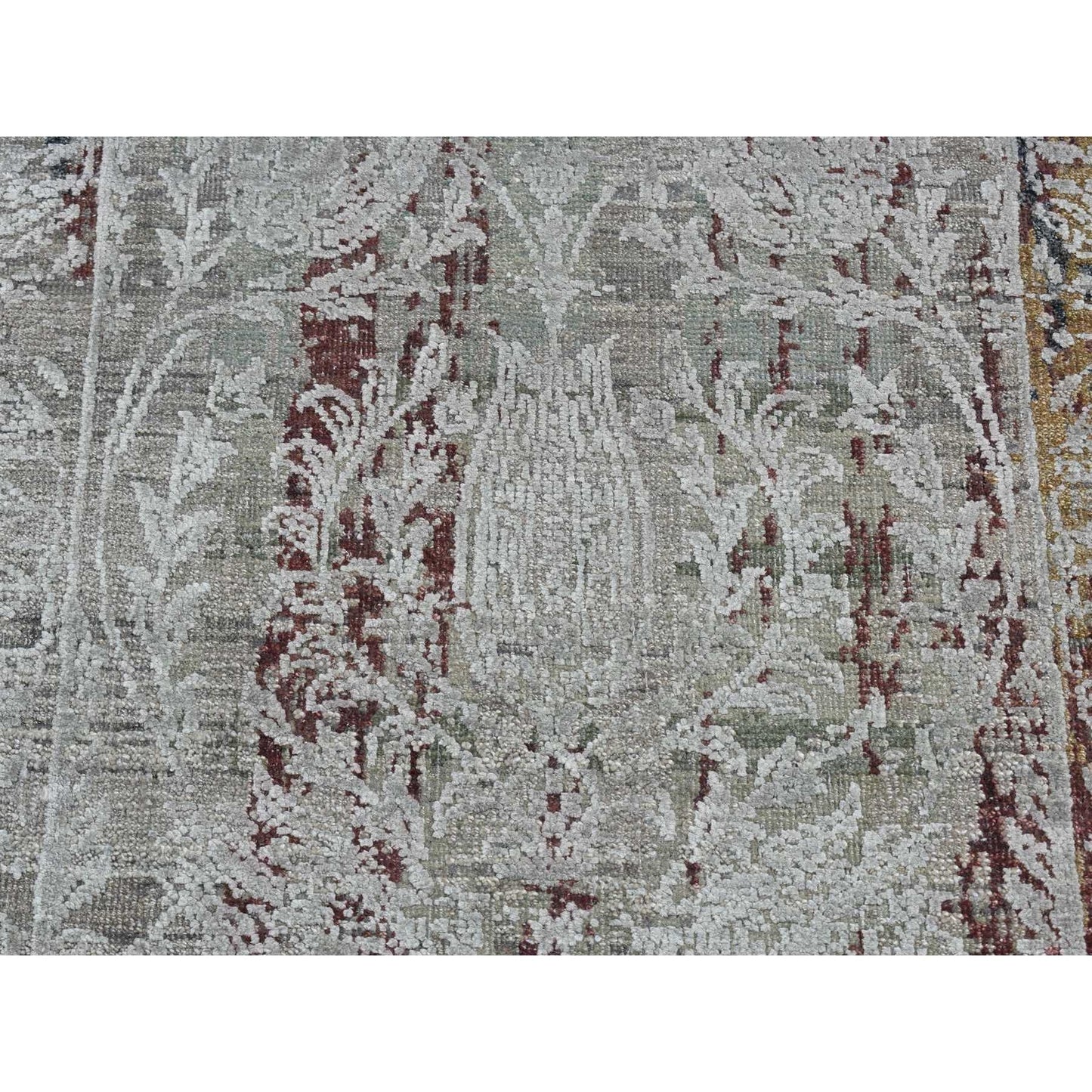 2'6"X9'10" Gray Erased Tulip Design Silk/Wool Hand Knotted Runner Rug