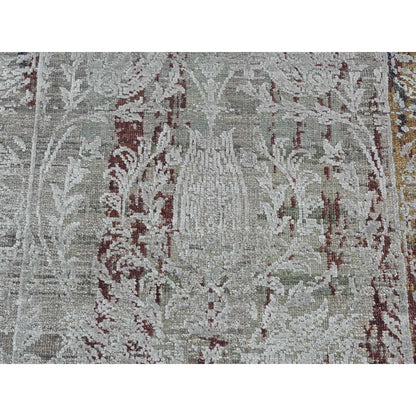 2'6"X9'10" Gray Erased Tulip Design Silk/Wool Hand Knotted Runner Rug