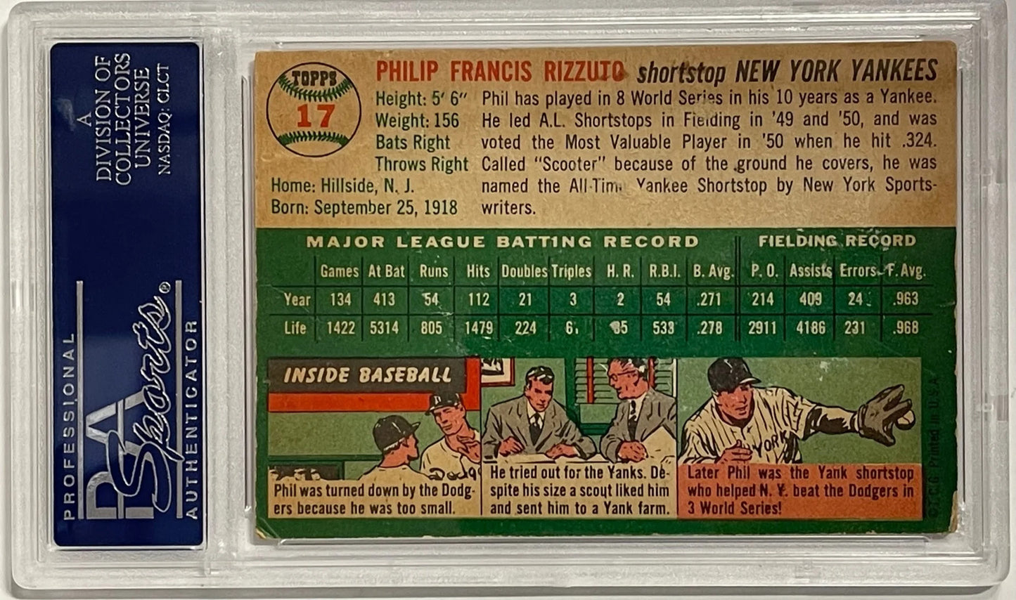Phil Rizzuto Autographed 1954 Topps Card #17 (Psa)