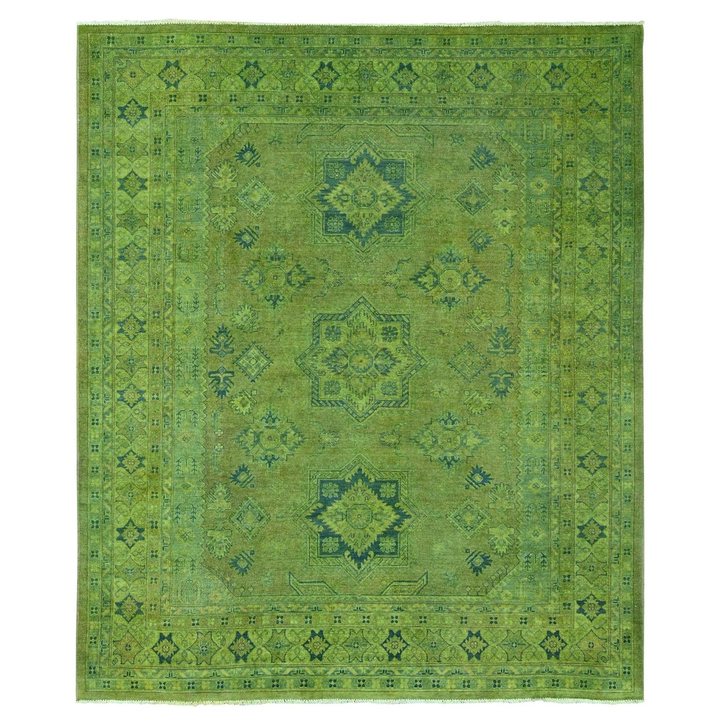 8'X9'6" Green Overdyed Kazak Medallions Design Hand Knotted 100% Wool Rug