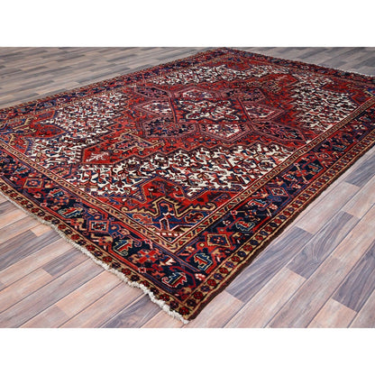7'4"X10'2" Red Hand Knotted Vintage Oriental Heris Village Motifs Rug