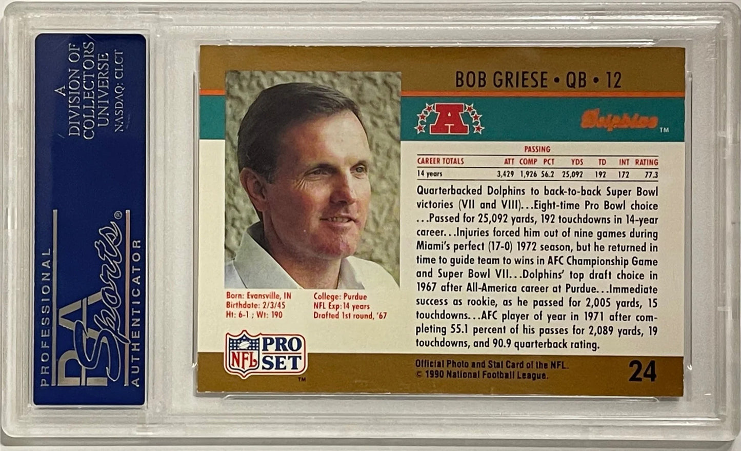 Bob Griese Autographed 1990 Topps Card #24 (Psa)