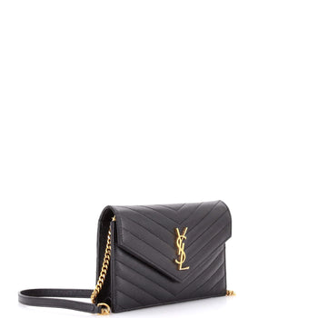 Saint Laurent Classic Monogram Wallet On Chain Matelasse Chevron Leather Small