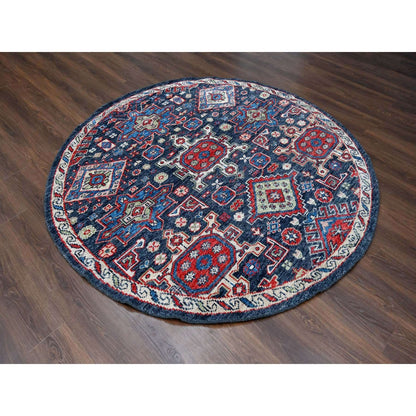 7'9"X7'9" Black Karjihooz Heris Pure Wool Hand Knotted Round Oriental Rug