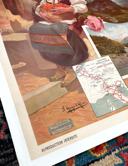 L'Italie St Gotthard Swiss By Hugo D'Alesi Original Naples 1900 Chemin De Fer