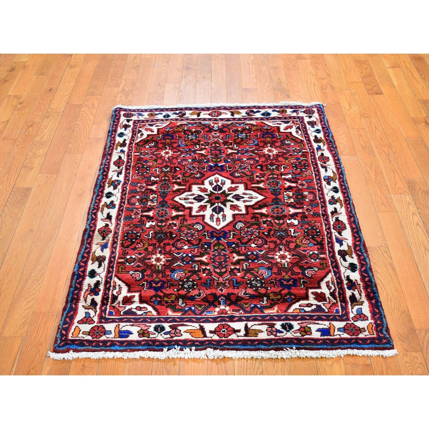 3'6"X5'1" Red New Farsian Amadan Flower Medallion Design Handknotted Rug
