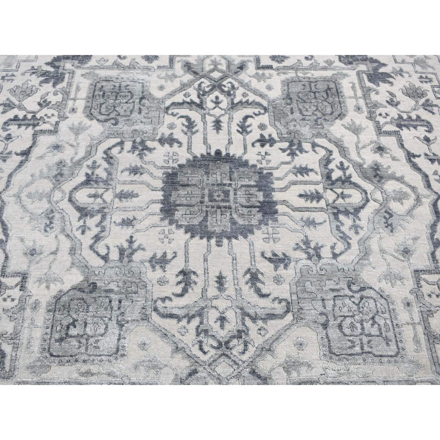 9'X12' Ash Grey Heriz Design Wool And Silk Hand Knotted Oriental Rug